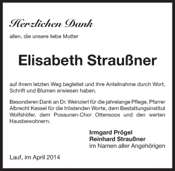 Traueranzeige von Elisabeth Straussner von Pegnitz-Zeitung